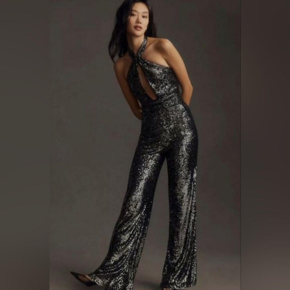 Maeve Anthropologie Black Sequin Jumpsuit